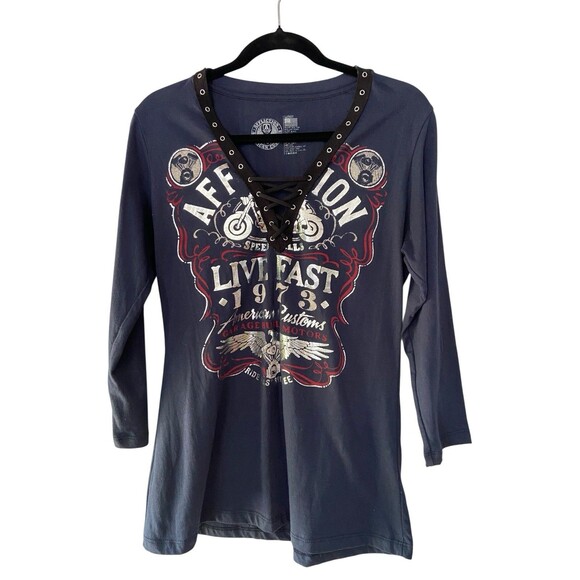 Affliction Womens American Customs Moto Foil Graphic Lace Up Top Size L Blue Y2K - Picture 4 of 15